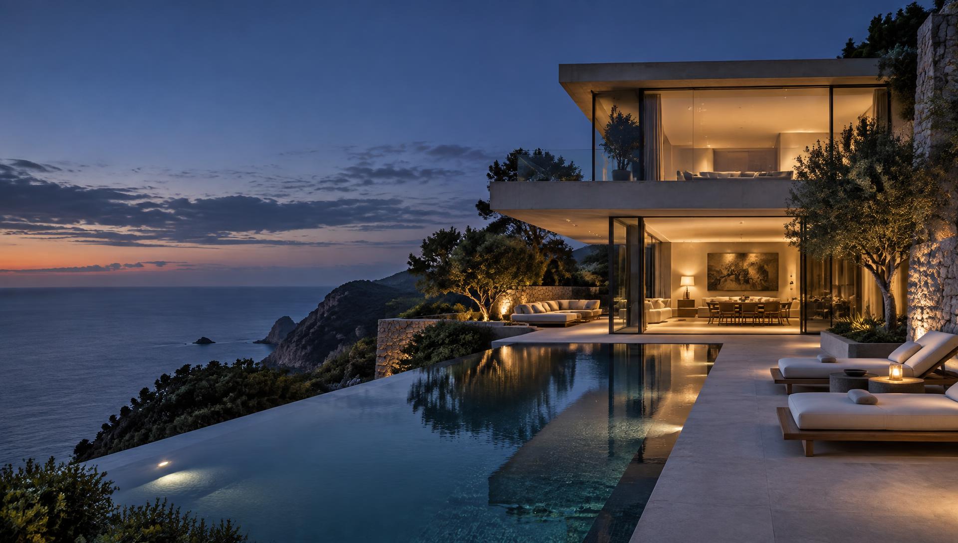 Modern coastal villa overlooking the sea at dusk